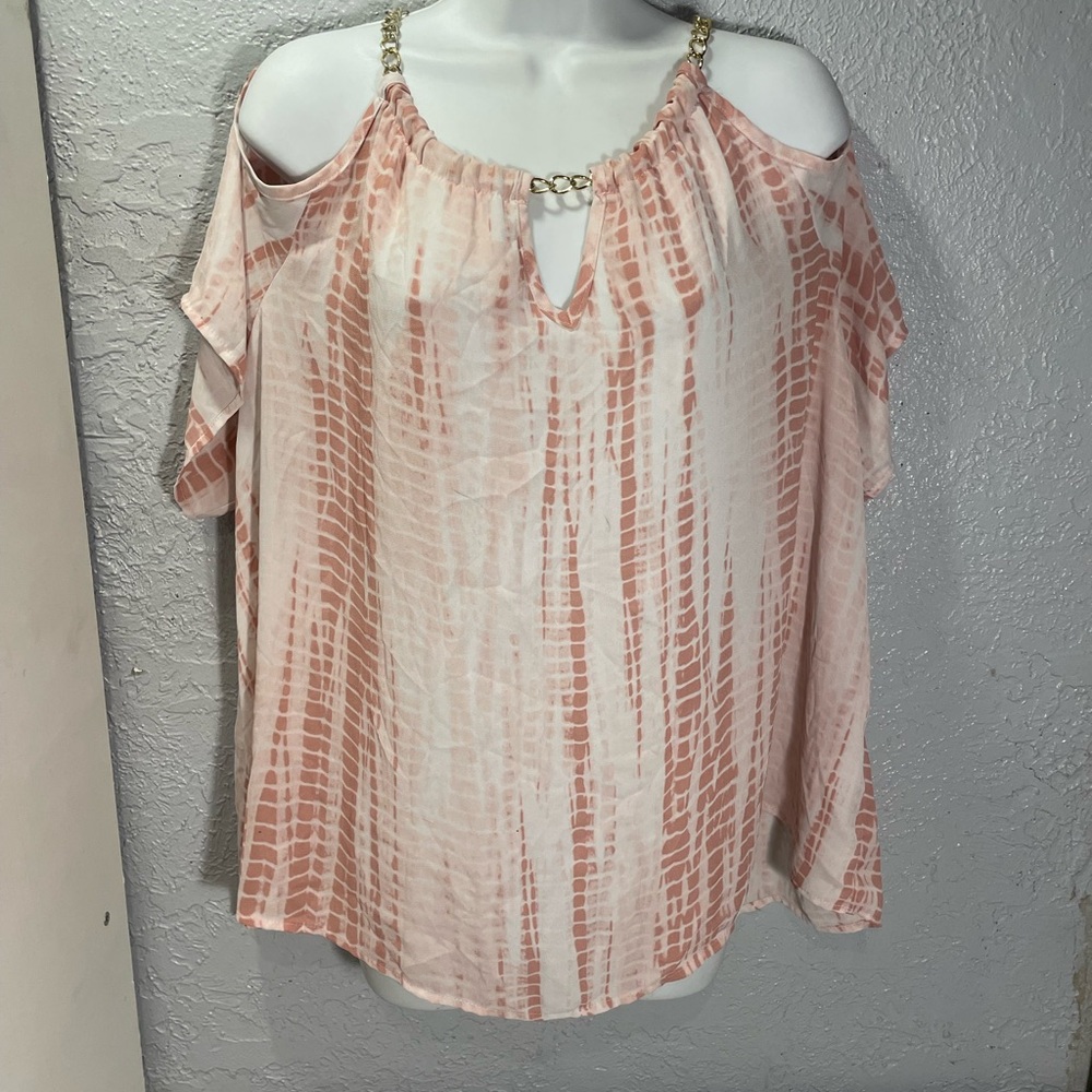 Trendy boutique Peach Stripe Cold-Shoulder Blouse with Chain Straps